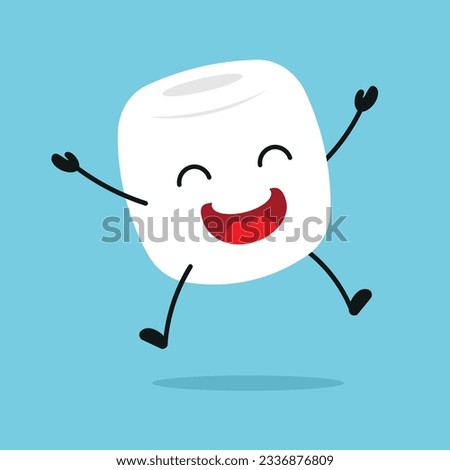 Cute happy marshmallow character. Funny jump marshmallow cartoon emoticon in flat style. sweet emoji vector illustration