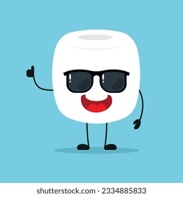  Cute happy marshmallow character wear sunglasses. Funny marshmallow greet friend cartoon emoticon in flat style. sweet emoji vector illustration