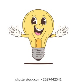 A cute and happy mascot character depicted as a cartoon lightbulb, with a big smile and waving hands. This fun graphic is perfect for various projects. Vector illustration