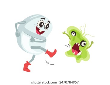 Cute happy medical pill attacking crazy mad virus vector illustration isolated on white background