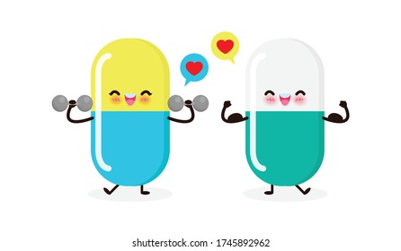 Cute happy medicine doing exercises with dumbbells and strong pill show muscle. Protection Against coronavirus (2019-nCoV) or COVID-19 and Bacteria Healthy lifestyle isolated on white background