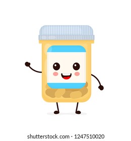 Cute Happy Medicine Pill Capsule Bottle.Vector Flat Cartoon Character Illustration Icon Design. Isolated On White Background. Tablet,pill,capsule Antibiotic,healthcare,drug,education Medical Concept