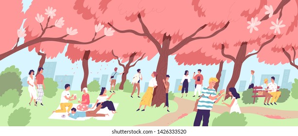 Cute happy men and women viewing cherry blossom at city park. Smiling people watching blooming sakura trees at Japanese Hanami festival. Seasonal outdoor event. Flat cartoon vector illustration.