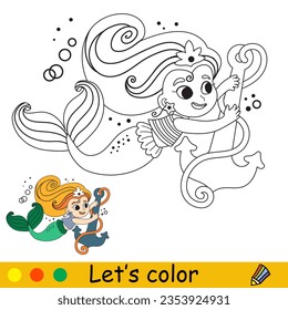 Cute and happy mermaid with an anchor. Vector cartoon black and white illustration. Kids coloring page with a color sample. For print, design, poster, sticker, card, decoration and t shirt design