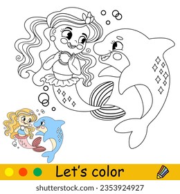 Císima y feliz sirena con un delfín. Dibujo vectorial ilustraciones en blanco y negro. Página de coloreado infantil con un ejemplo de color. Para impresión, diseño, afiche, pegatina, tarjeta, decoración y diseño de camisetas