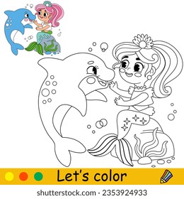 Císima y feliz sirena con un delfín. Dibujo vectorial ilustraciones en blanco y negro. Página de coloreado infantil con un ejemplo de color. Para impresión, diseño, afiche, pegatina, tarjeta, decoración y diseño de camisetas