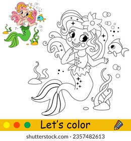 Cute happy mermaid and a fish. Vector cartoon illustration. Kids coloring page with a color sample. For print, design, poster, sticker, card, decoration and t shirt design and coloring pages books