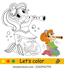 Cute and happy mermaid plays the pipe. Vector cartoon black and white illustration. Kids coloring page with a color sample. For print, design, poster, sticker, card, decoration and t shirt design