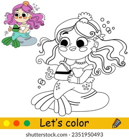 Una sirena muy agradable con un sándwich. Dibujo vectorial ilustraciones en blanco y negro. Página de coloreado infantil con un ejemplo de color. Para impresión, diseño, afiche, pegatina, tarjeta, decoración y diseño de camisetas