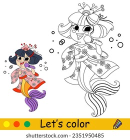 Cute happy mermaid singer with microphone. Vector cartoon black and white illustration. Kids coloring page with a color sample. For print, design, poster, sticker, card, decoration and t shirt design