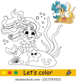 Cálida y feliz sirena y pez estrella. Ilustración de dibujos animados. Página de coloreado infantil con un ejemplo de color. Para impresión, diseño, afiche, pegatina, tarjeta, decoración y diseño de camisetas