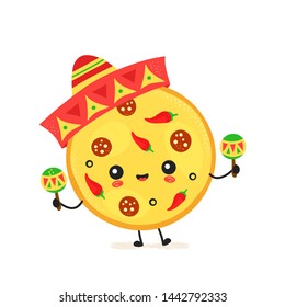 Cute happy mexican pizza character. Vector flat cartoon illustration icon design. Isolated on white background. Pizza character concept
