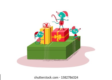 Cute and happy mice sittng and standing on gift boxes. New Year 2020 and Christmas card template. Cartoon illustration of new year preparation. Chinese symbol of new year 2020. Vector, eps10 format