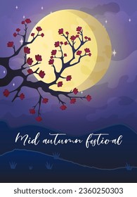 Cute Happy mid autumn festival banner. With flying bunny, blooming tree and Сhinese lantern in the night sky with full moon. Chinese party illustration in cartoon style with hieroglyph.