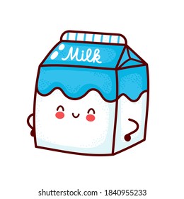 Cute happy milk box. Vector flat line cartoon kawaii character icon. Hand drawn style illustration. Isolated on white background. Milk concept