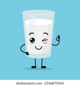 Cute happy milk glass character. Funny smiling and blink milk cartoon emoticon in flat style. dairy emoji vector illustration