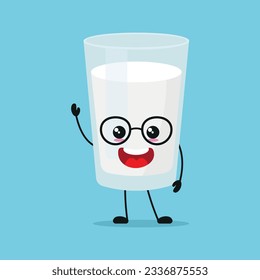 Cute happy milk glass character. Smiling and greet milk cartoon emoticon in flat style. dairy emoji vector illustration