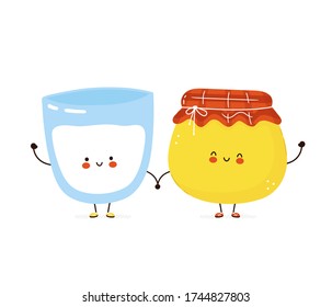 Cute happy milk glass and honey jar. Vector cartoon character illustration icon design.Isolated on white background