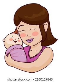 Cute and happy mom, carrying her newborn baby with flushed gesture, brown hair and pink clothes. Design isolated in cartoon style.