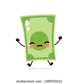 Cute happy money banknote jump. Vector flat cartoon character illustration icon design. Isolated on white background. Dollar bill,money,banknote concept