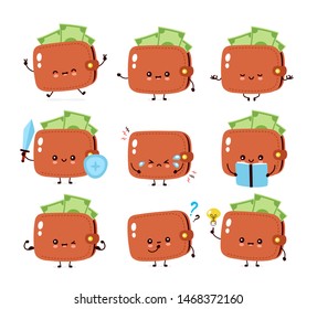 Cute happy money banknote wallet set collection. Vector flat cartoon character illustration icon design. Isolated on white background. Wallet in different situation concept