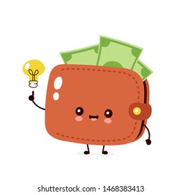 Cute happy money banknote wallet with light bulb. Vector flat cartoon character illustration icon design. Isolated on white background. Wallet have idea concept