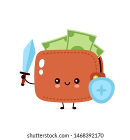 Cute happy money banknote wallet with shield and sword. Vector flat cartoon character illustration icon design. Isolated on white background. Wallet concept