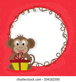 Cute happy Monkey holding gift with blank frame for Chinese New Year celebration.