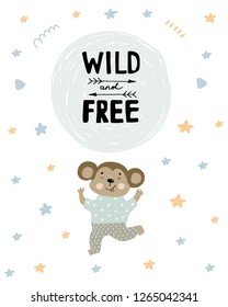 Cute happy monkey in pajamas dancing illustration with text Wild and free on hand drawn shapes background. Vector flat cartoon illustration for card, poster, nursery, fabric. Scandinavian style.
