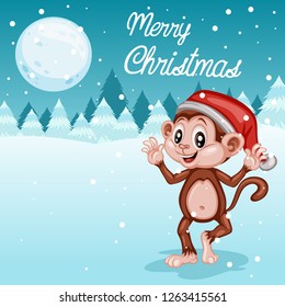 Cute Happy Monkey with Red Santa Hat on a Christmas Card. Merry Christmas Banner with Place for Text. Cartoon Vector Illustration. Happy New Year. Winter Scene