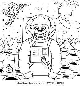 Cute happy monkey smile at camera to take photo, for print design and coloring book page. Vector illustration