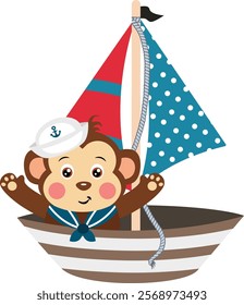 Cute and happy monkey waving on sailboat