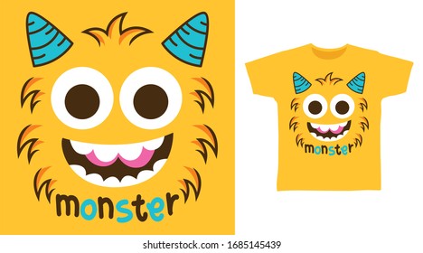 Cute happy monster yellow face design vector illustration ready for print on t-shirt, apparel, poster and other uses