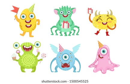 Cute Happy Monsters Set, Funny Friendly Colorful Mutant Characters, Childish Birthday Party Design Elements Vector Illustration