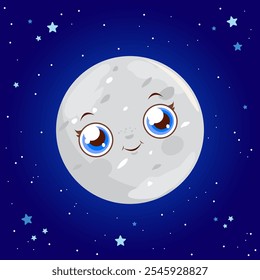 Cute and happy moon character in the night sky. Full moon and stars in midnight. Super moon in dark blue background. Vector illustration