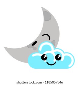 Cute happy moon with cloud weather icon. Vector illustration design