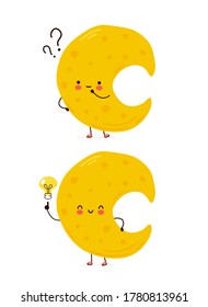 Hübscher Mond mit Fragezeichen und Ideenlampe. Einzeln auf weißem Hintergrund. Vektorgrafik-Charakter handgezeichnet, Illustration