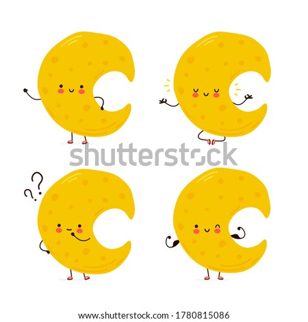 Cute happy moon set collection. Isolated on white background. Vector cartoon character hand drawn style illustration