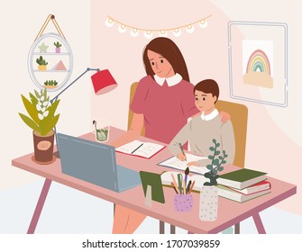 Cute happy mother with computer teaching her son at home.Tutor helping student boy. Online studying concept. Distance education during coronavirus quarantine. Flat cartoon colorful vector illustration