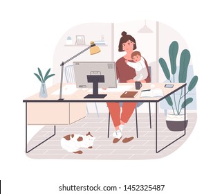 Cute happy mother holding her infant baby, sitting at desk and working on computer at home. Female freelance worker with child at workplace. Maternity and career. Flat cartoon vector illustration.