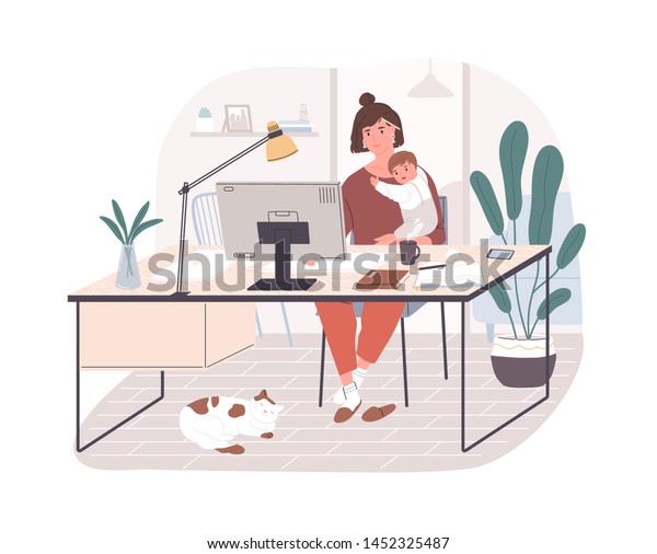 Cute happy mother holding her infant baby,
sitting at desk and working on computer at home. Female freelance
worker with child at workplace. Maternity and career. Flat cartoon
vector illustration.