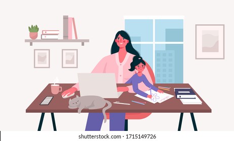 Cute happy mother sits with a baby and works at a laptop. Home office. Mother freelancer, remote work and raising a child at workplace. Maternity and career. Flat cartoon vector illustration.