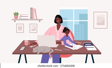 Cute happy mother sits with a baby and works at a laptop. Home office. Mother freelancer, remote work and raising a child at workplace. Maternity and career. Flat cartoon vector illustration.