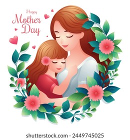 Cute Happy mother's day icon or symbol, Happy mom with beloved daughter vector illustration