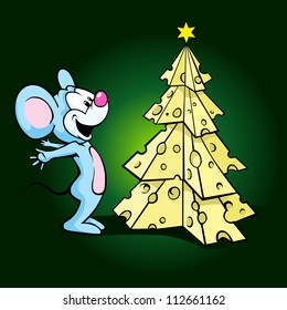cute happy mouse with original cheese christmas tree on green background