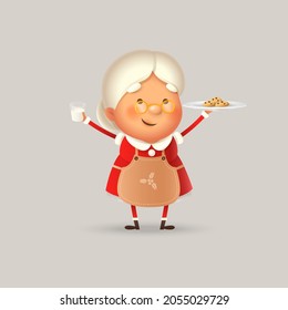 La Sra. Claus, educada y feliz con galletas y leche - ilustración vectorial aislada