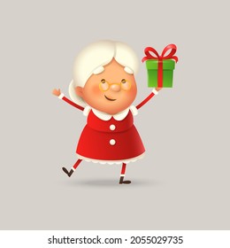 Cute and happy Mrs Claus with gift - vector illustration isolated