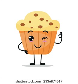 Cute happy muffin character. Funny smiling and blink cupcake cartoon emoticon in flat style. bakery emoji vector illustration