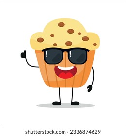 Cute happy muffin character wear sunglasses. Funny cupcake greet friend cartoon emoticon in flat style. bakery emoji vector illustration