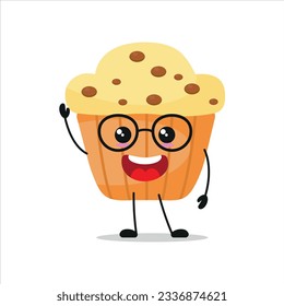 Cute happy muffin wear eyeglasses character. Smiling and greet cupcake cartoon emoticon in flat style. bakery emoji vector illustration